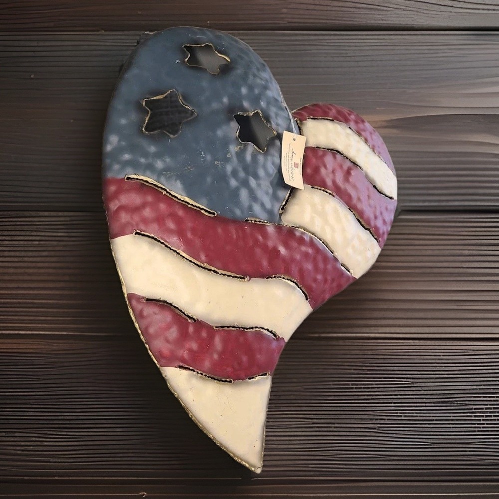 Home Interior Heart Decor USA American Flag Tin US United States Rustic 16"X14"